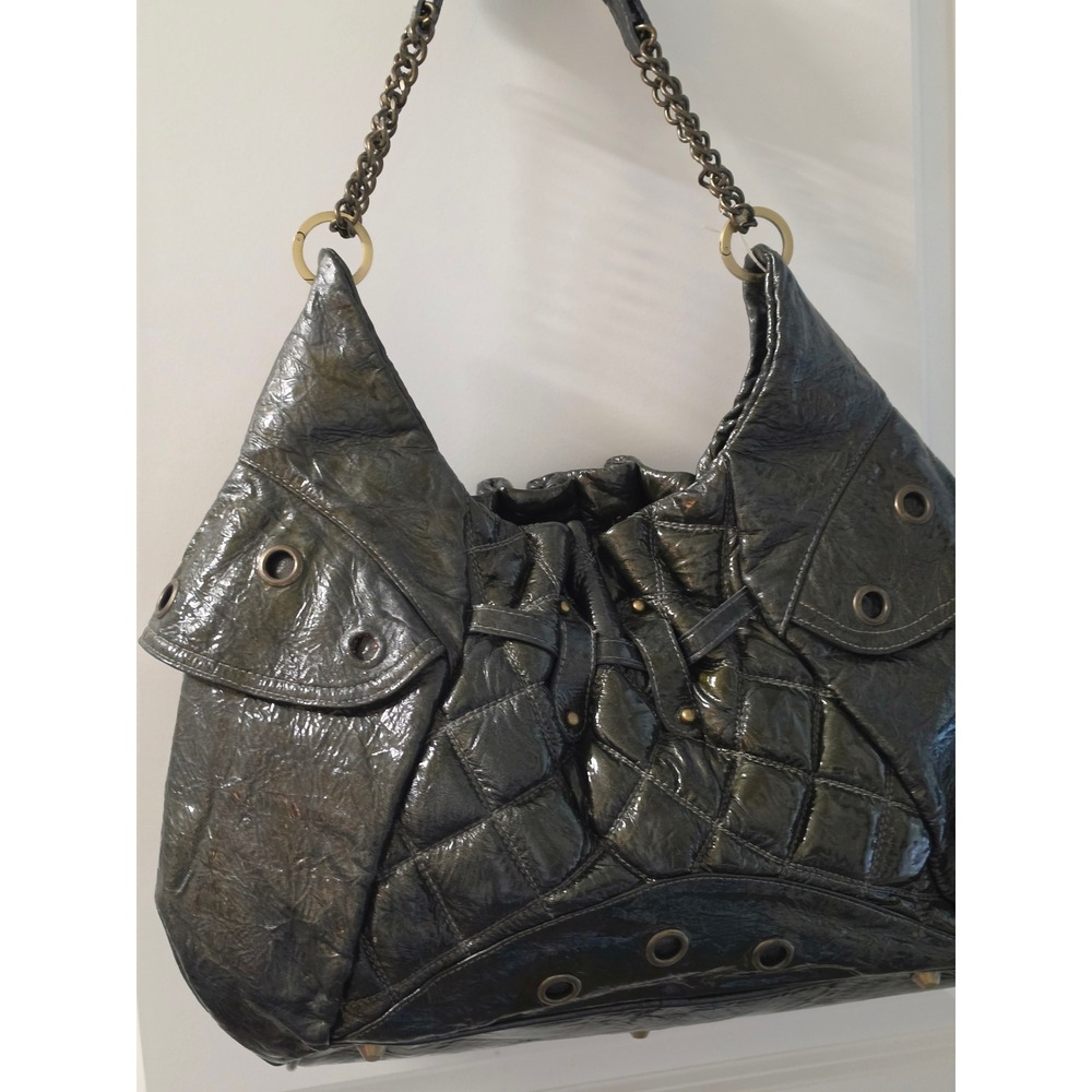 Soha Designs Studio Italy Leather Quilted Hobo Bag Olive Green Chain Grommet NEW - Picture 3 of 8